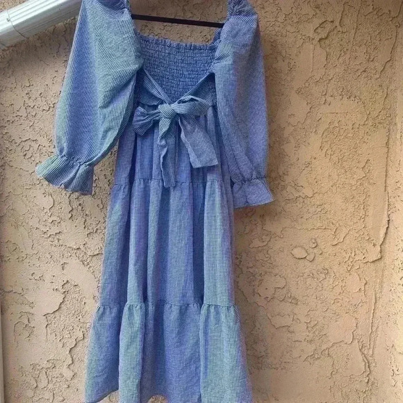 R.Vivimos Women's Summer Cotton Plaid Puff Sleeves Bow Casual Off-Shoulder Dress - Picture 2 of 3